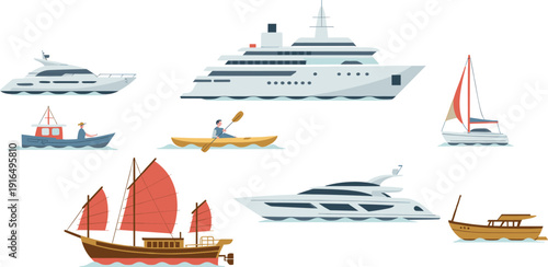 Collection of boats and yachts vector illustration, luxury cruise ship, fishing boat, sailboat and kayak set
