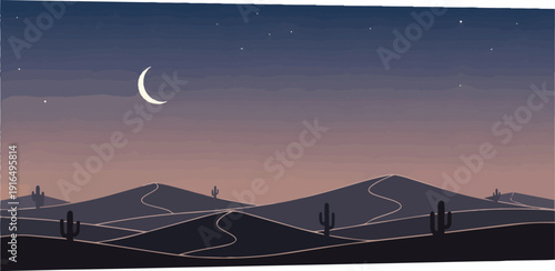 Crescent Moon Above Rolling Hills Landscape.