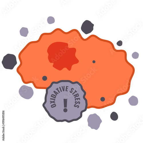 Oxidative stress from free radicals sign on damaged cell. Medical vector illustration.