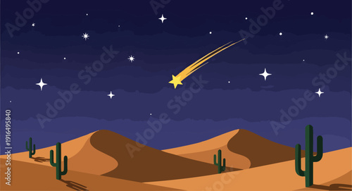 Desert Landscape with Shooting Star Night Sky.