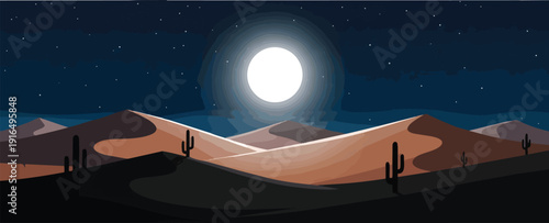 Full Moon Over Desert Landscape Dunes.