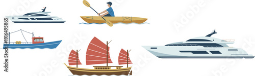 Boats and yachts collection illustration, modern water transport set with kayak fishing boat cruise ship vector design