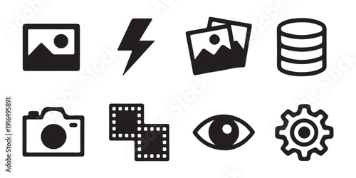 Photography and videography icons set isolated on white background image gallery and media storage symbols