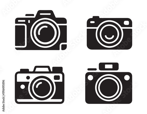 Minimalist photography camera icons with various body shapes and lens details for digital interface design