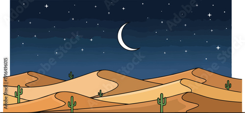 Crescent Moon in Night Sky Desert Landscape.