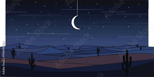 Crescent Moon Night Sky Stars Illustration.