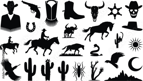 Wild West silhouette collection, cowboy icons with horses skull cactus revolver sheriff star desert symbols set