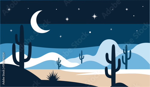 Desert Landscape with Cacti and Crescent Moon.