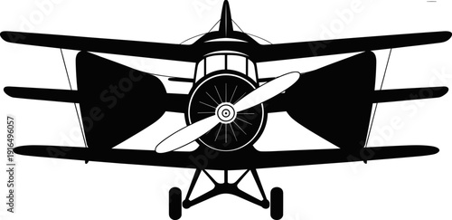 Front View Vector Silhouette of Vintage Triplane Aircraft with Propeller and Landing Gear for Retro Aviation Branding History Museum Exhibits and Classic Flight Illustrations (25 words)