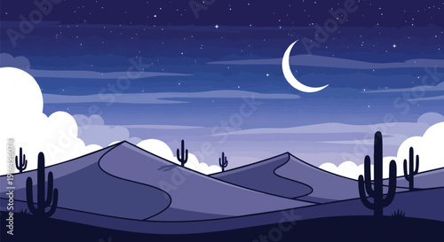 Crescent Moon Night Sky Desert Landscape.