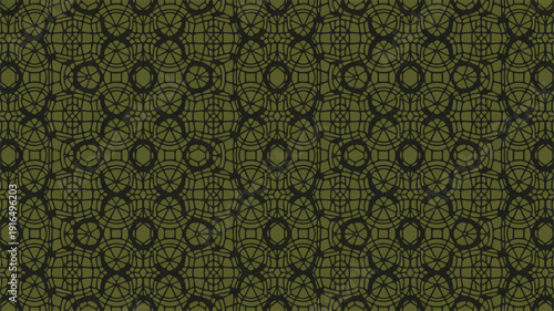 Olive green and black geometric pattern with interconnected circles and lines