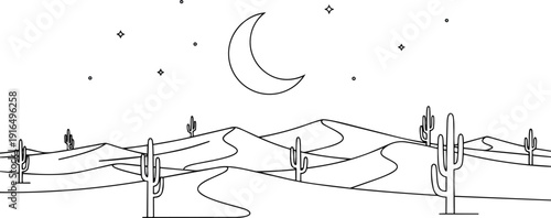 Simple Line Drawing of Desert Landscape at Night.