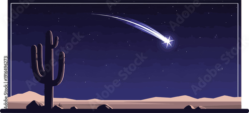 Cactus and Meteor Streaking Across Night Sky.
