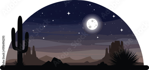 Desert Landscape with Cacti and Full Moon.