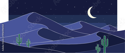 Crescent Moon Over Desert Landscape Illustration.