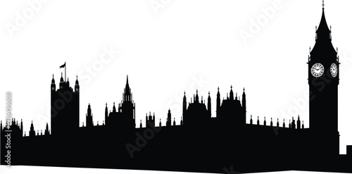 London skyline silhouette with Big Ben and Houses of Parliament panoramic cityscape isolated on white background illustration