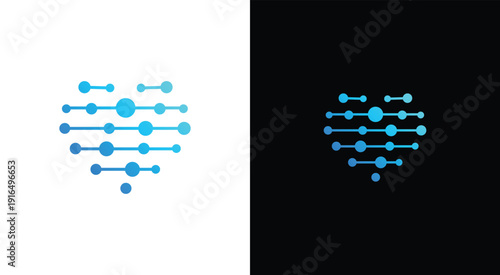 Digital heart logo design with blue dots and lines on white and black backgrounds.