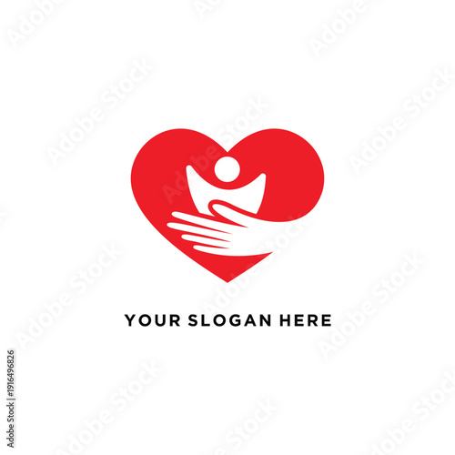 Heartshaped logo with a hand holding a person representing care and support.