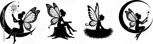Set of Four Enchanting Fairy Silhouettes with Butterfly Wings Sitting on Crescent Moon and Tree Stump for Magical Nursery Decor Fantasy Wall Art and Stencils (25 words)