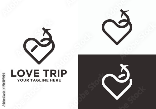Love Trip Logo Design Heart and Airplane Symbol for Travel.