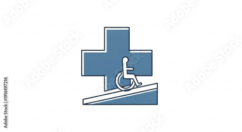 Accessible healthcare symbol with wheelchair ramp and blue cross on white background for medical and disability support concepts