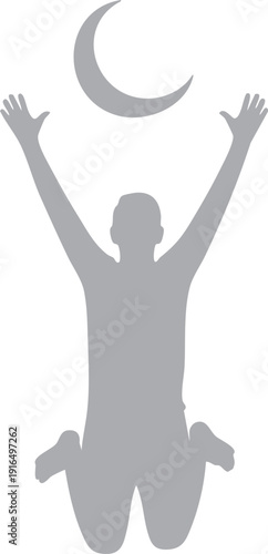 Man kneeling with raised hands worshipping under moon