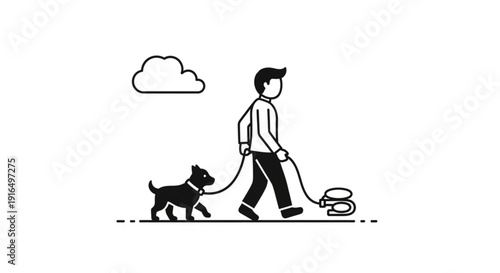 Man walking dog with whisk on leash under cloudy sky