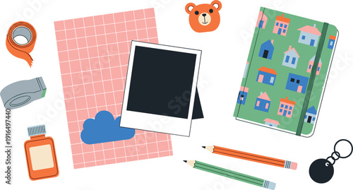 Set of scrapbooking and stationery elements with polaroid frame notebook pencils and masking tape flat vector illustration