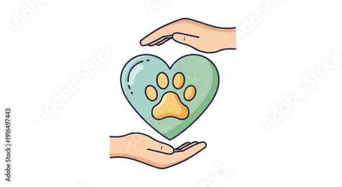 Hands cradling heart with animal paw print symbolizing love and care for pets and animals