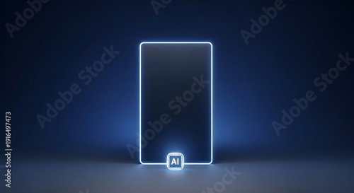 Futuristic AI interface with glowing blue outline on dark background.