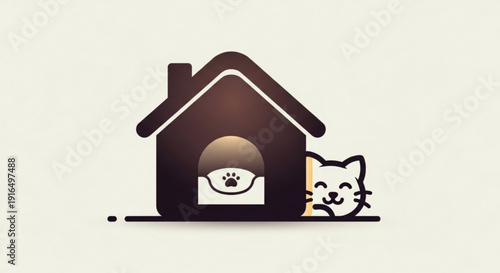 Friendly cat peeking out from behind a cozy dog house with paw print