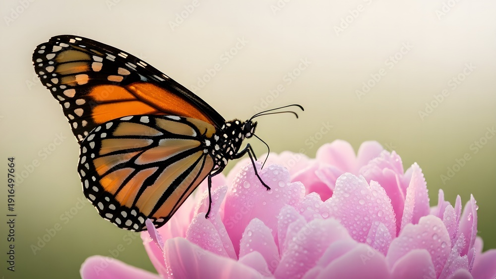 Fototapeta premium A monarch butterfly perched on a pink flower in a serene garden landscape from a gentle side view
