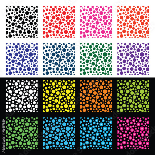 Seamless colorful polka dot pattern set with bubbles on black and white background vector illustration.