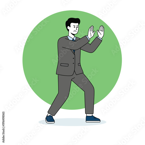 Professional character showing resistance or setting boundaries. Concept of rejecting an offer, disagreement, and firm decision-making in flat design style.