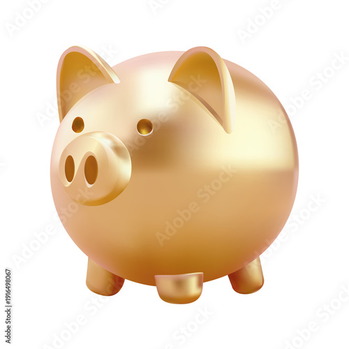 Golden piggy bank savings, prosperous financial concept, shiny 3D render isolated on transparent background, png