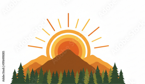 Sunrise landscape vector illustration with mountain scenery and warm morning light
