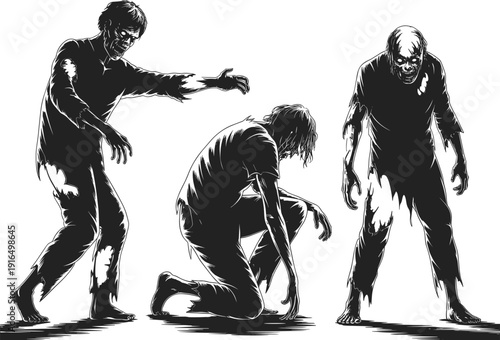 Set of three scary zombie silhouettes in different poses with tattered clothes and glowing eyes flat vector illustration isolated on white background for Halloween.