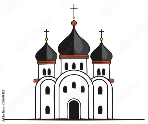 Illustration of a Traditional Orthodox Church with Black Domes and Golden Crosses