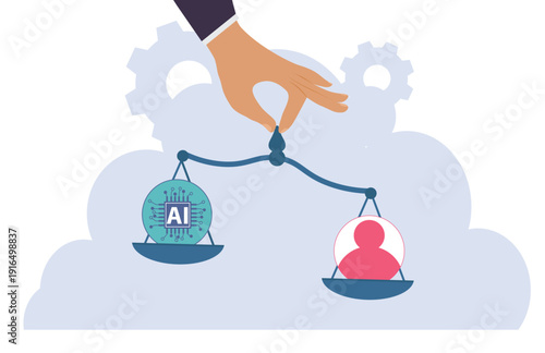 Man holding a scale of justice comparing AI and human