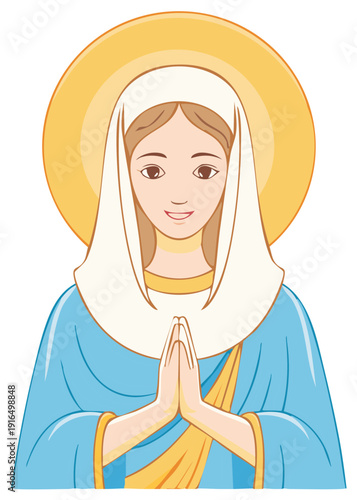 Peaceful spiritual woman with golden halo and praying hands in blue robe illustration