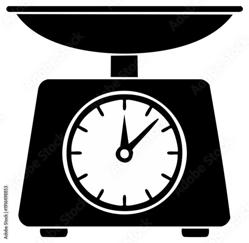 Kitchen scale illustration, black and white outline, measuring weight