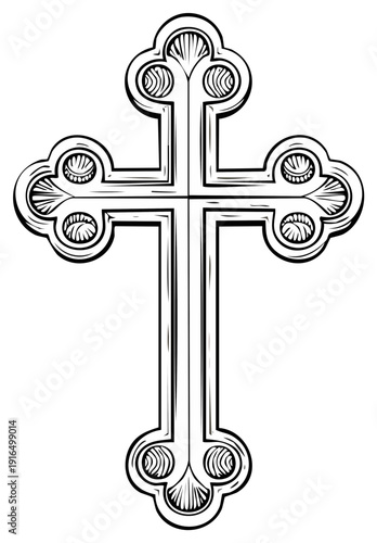 Intricate Orthodox cross design with decorative elements in black and white