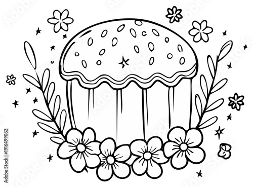 Outline Drawing of a Decorated Easter Cake with Flowers and Stars