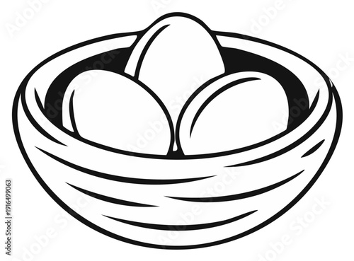 Simple Line Art Illustration of a Bird's Nest with Three Eggs