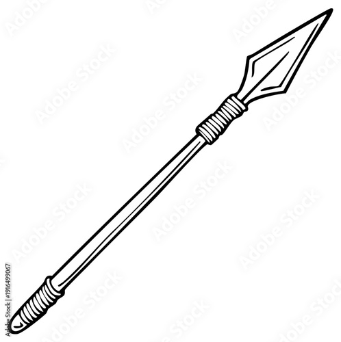 Black and white illustration of a primitive spear with a pointed metal head and wrapped handle