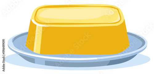 Simple cartoon style illustration of a golden yellow flan dessert on a small serving dish