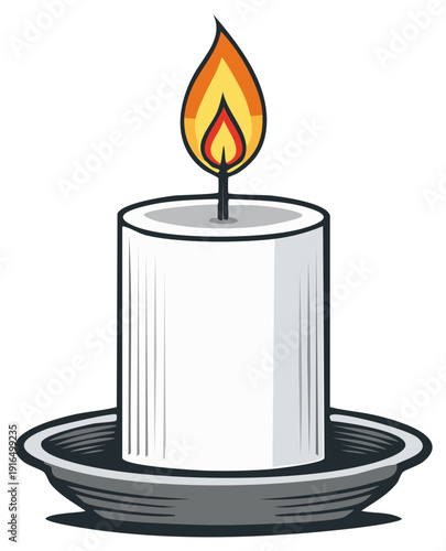 Illustration of a burning candle with a bright orange flame and a plate.