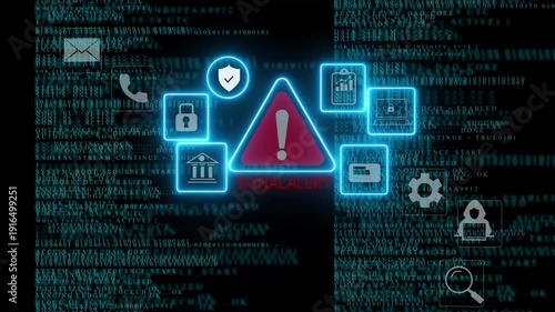 Cybersecurity alert concept showing system warning symbols in browser window interface, representing hacking threats, data breaches, and internet security issues in digital environments.