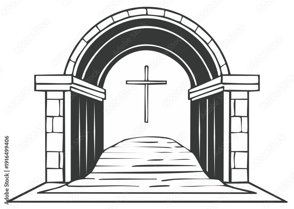 Fototapeta premium Stone Archway Leading to a Cross Symbol Over a Winding Path