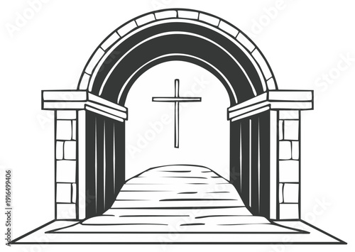 Stone Archway Leading to a Cross Symbol Over a Winding Path